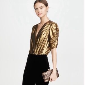 Amanda Uprichard Gold Bodysuit with Ruched Sleeves